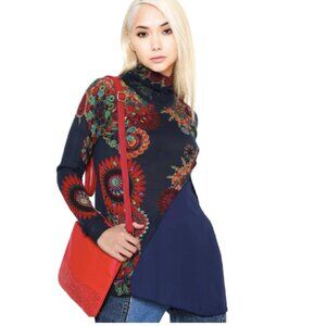 Blue Bright Floral Asymmetrical Cardigan Sweater Turtleneck